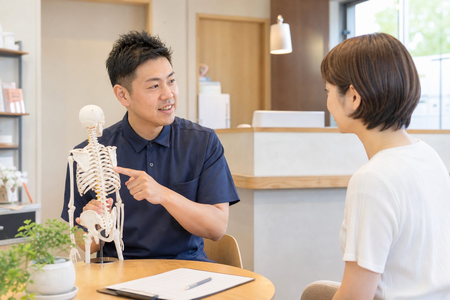 骨格模型を使って、体の状態と施術の進め方をご説明します